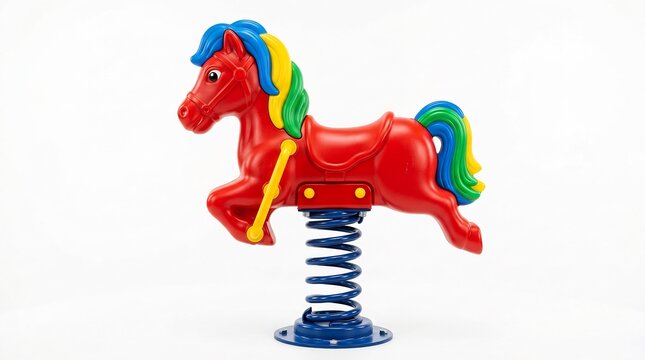 Red plastic kuda horse spring rider on a playground equipment base