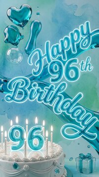 Transparent Blue Happy 96th Birthday Typography with Glass Balloons Watercolor Background Celebration Cake Candles and Gift Decoration