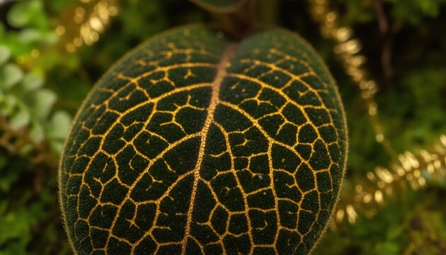 Macodes Petola jewel orchid leaf texture with glowing golden veins