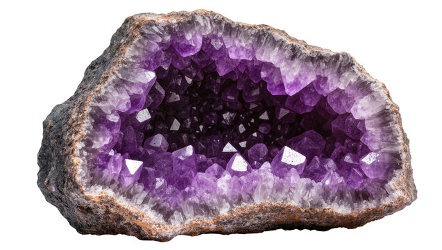 Rough amethyst geode with sparkling purple crystals, isolated on transparent background