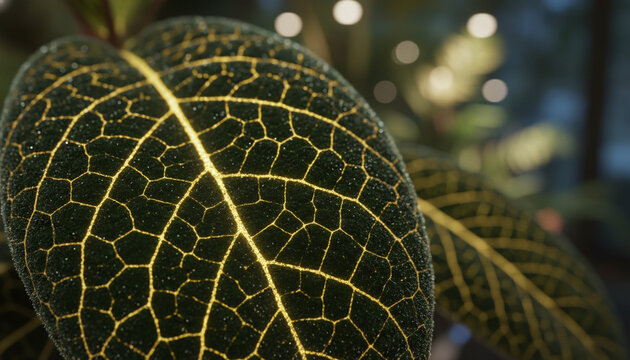 Macodes Petola jewel orchid leaf texture with glowing golden veins