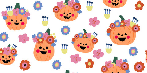 Fototapeta premium Seamless Halloween pumpkin and floral pattern with cute orange pumpkins wearing flower crowns on a white background, playful festival inspired repeat design for kids fabric, nursery wallpaper