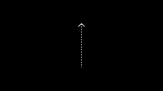 Up arrow direction icon with dotted line animation on Black background. dot arrows icon sign animated with alpha channel. Motion graphics of white straight line arrow