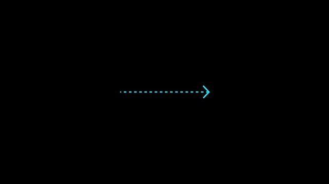 Right arrow direction icon with dotted line animation on Black background. dot arrows icon sign animated with alpha channel. Motion graphics of cyan straight line arrow