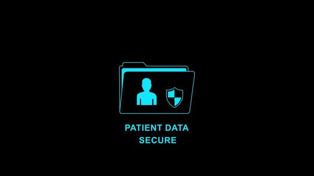 Animated cyan patient data secure folder icon with shield and user silhouette on black background for healthcare privacy and medical record protection.