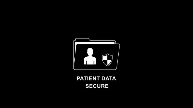 Animated white patient data secure folder icon with shield and user silhouette on black background for healthcare privacy and medical record protection.