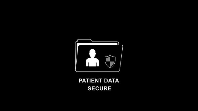 Animated white patient data secure folder icon with shield and user silhouette on black background for healthcare privacy and medical record protection.