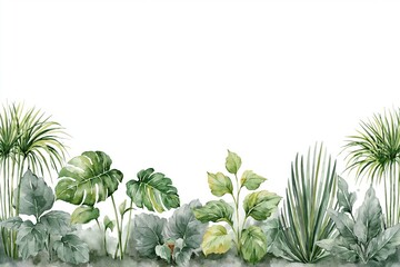 Fototapeta premium Watercolor illustration of lush green tropical jungle foliage and palm leaves against a white background.