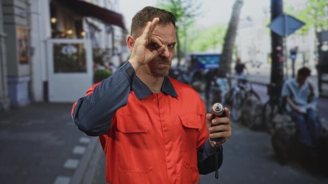 Man handyman in orange uniform holds a drill and makes ok sign with right hand on a city street; skill confidence.