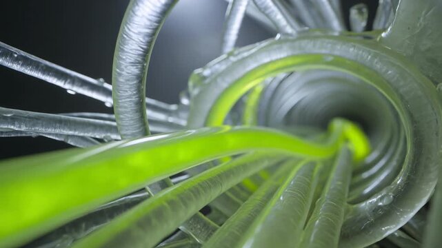 Extreme macro view inside plant stem showing glowing green sap flowing through xylem and phloem vessels with translucent cellular transport system