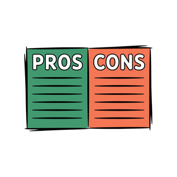 A colorful illustration of pros and cons lists on two separate sheets of paper