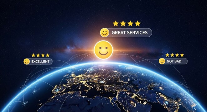 Global digital network with smiling emojis representing positive customer service ratings and feedback across the world map in a modern technology theme
