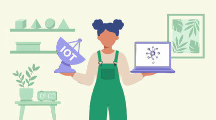 Person holding IoT satellite dish and laptop illustrating Internet of Things © Pixelply