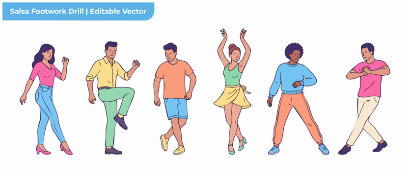 Salsa dance footwork steps vector illustration of people practicing latin dance choreography, showing movement lessons, dance class exercises, and rhythmic physical fitness activities. Isolation on wh