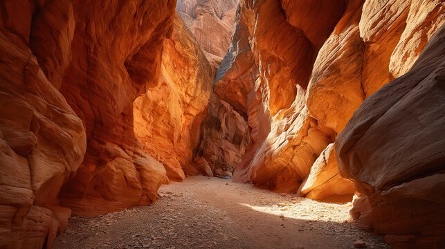 Stunning red rock slot canyon with a winding path and light beams
