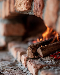 Fototapeta premium Warm fire crackles in a rustic brick hearth. Charred logs glow softly beside glowing embers. Cozy atmosphere invites comfort and quiet reflection. Ideal for scenes of warmth, relaxation