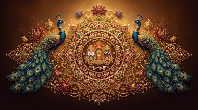 Golden Rath Yatra Festival Greeting Card Design with Peacocks and Floral Patterns