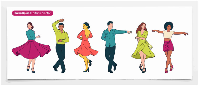 Salsa dancers vector illustration set performing Latin dance spins and steps on white background for social party event celebration, dynamic motion poses and vibrant cartoon character graphic design.