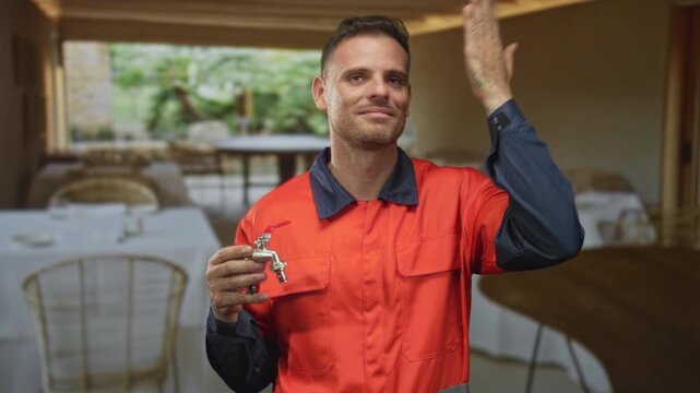 Man plumber in uniform holding a tap and raising hand in a building dining room; service reliability pride.