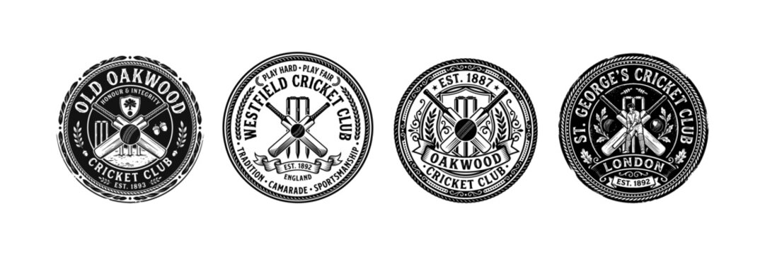 Vintage circular emblems for cricket clubs with crossed bats and laurels.