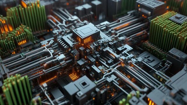 Central processing unit hardware components with glowing orange data flow motion in abstract digital video animation