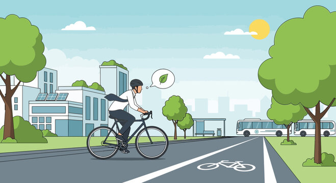 Man cycling on bike lane in eco-friendly city with green buildings and solar panels