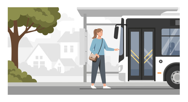 Woman boarding bus at bus stop, urban commute, public transportation