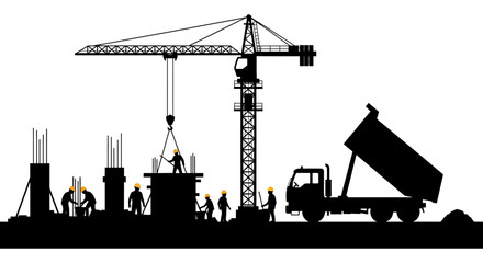 Construction Site Silhouette Against White Background Workers And Machinery © hasib