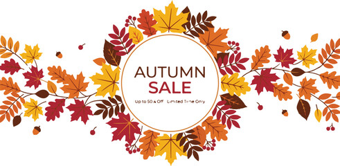 Autumn sale banner with colorful fall leaves wreath border decoration © Tanbir