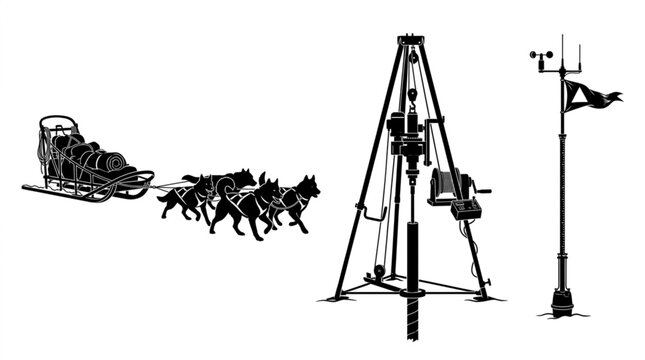 Polar expedition equipment set with sled dog team pulling sleigh ice core drilling rig tripod and weather station silhouette vector illustration