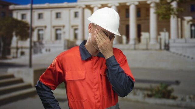 Man builder in orange uniform and white hardhat, hand covering face in a facepalm gesture while standing before a building entrance with columns and stairs; work frustration.