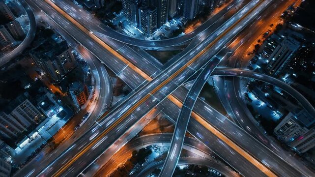 Aerial highway interchange at night with glowing car light trails capturing vibrant urban motion video footage