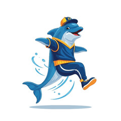 Naklejka premium Cartoon dolphin wearing sports clothing running.