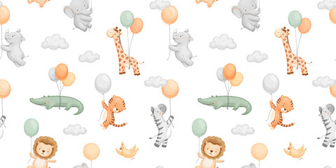 Seamless pattern with african cute cartoon animals with balloons in sky on isolated background, repeating childish watercolour painting for textile © Elena