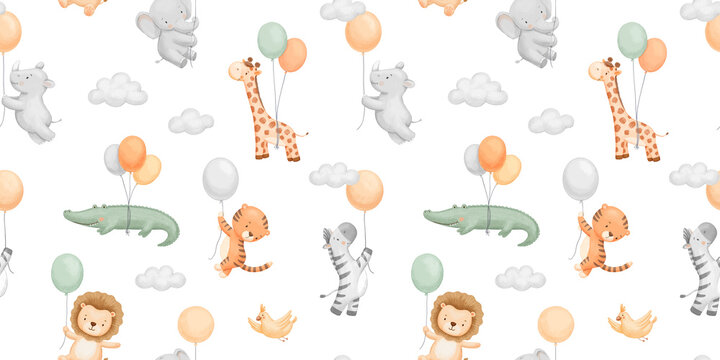 Seamless pattern with african cute cartoon animals with balloons in sky on isolated background, repeating childish watercolour painting for textile