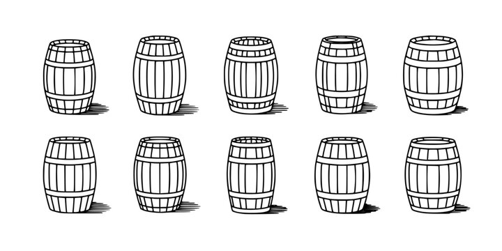 Barrel Cartoon Icon Set with Wooden Staves, Metal Hoops, and Subtle Ground Shadow, White Background, Vector Eps Style