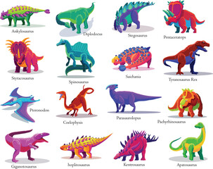 Vector Dinosaurs Illustration, Bright Dinosaur Species Showcase Poster with Fun Prehistoric Animal Designs © dhino