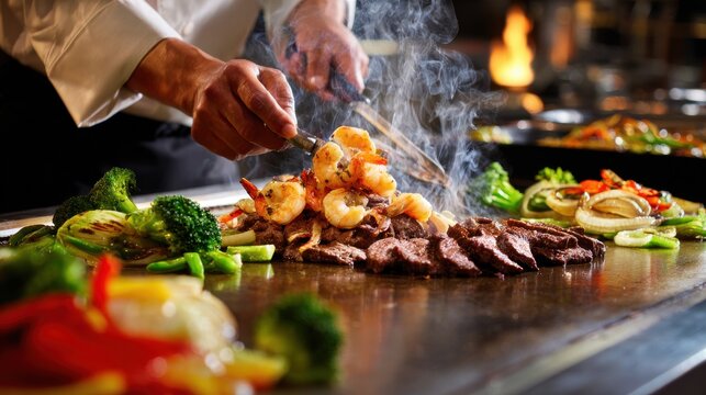 Chef cooking shrimp and beef with vegetables on a hot hibachi grill, creating a sizzling Japanese teppanyaki meal