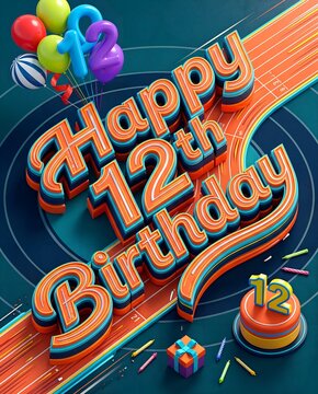 Athletic Track Inspired Happy 12th Birthday Typography Design with Number Balloons, Running Lane Background and Celebration Elements
