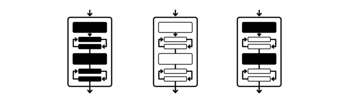 Three vertical flowchart icons representing process steps data flow or decision making in black and white