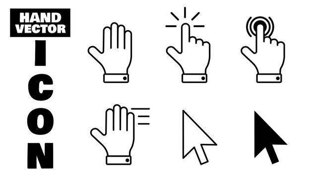 Icon hand arrow and click cursor finger with pointer here point. Link vector web and app flat pictogram with black choice symbol. Press icon touch and image click interface with design cursor 