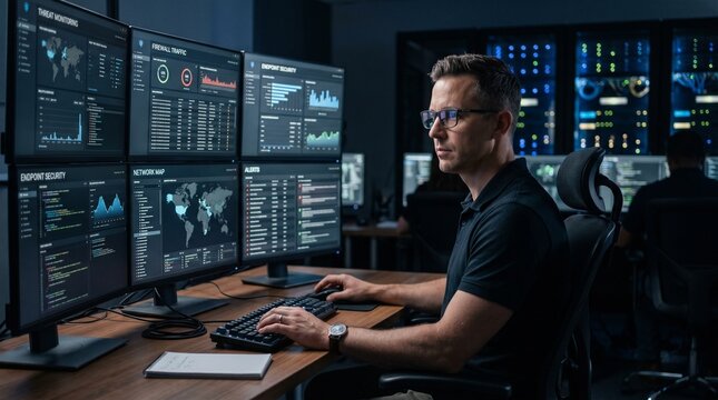 Cybersecurity Analyst Monitoring Network Security Dashboard in Modern Data Center