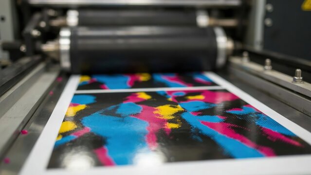 Colorful Poster Emerging from Printing Press Extreme Close Up