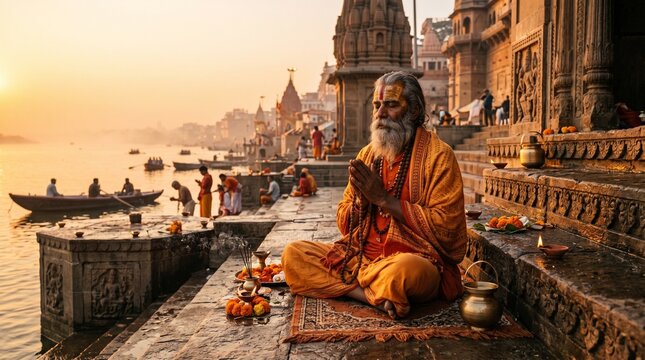 An elderly Indian sadhu meditating with closed eyes on the stone steps of a ghat in Varanasi during a misty golden sunrise