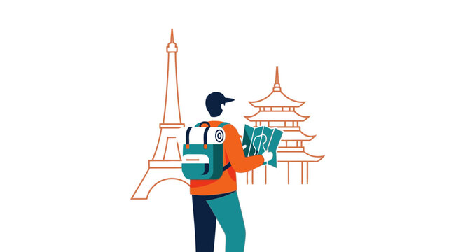 Backpacker viewing Eiffel Tower and pagoda landmarks.