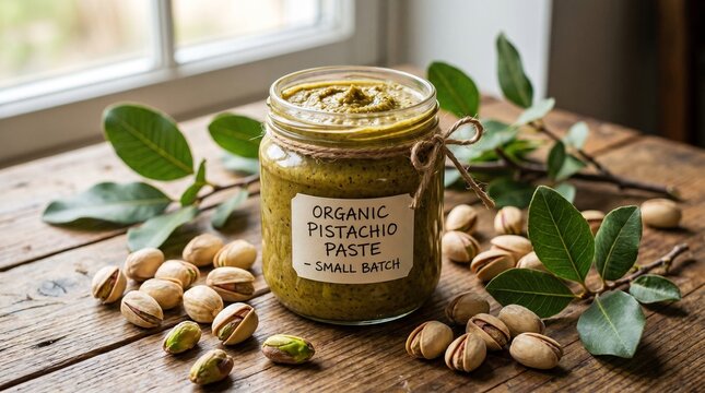 Organic pistachio paste jar surrounded by pistachios and leaves  