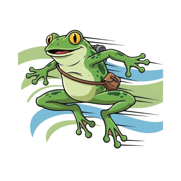 Green frog with yellow eyes running.