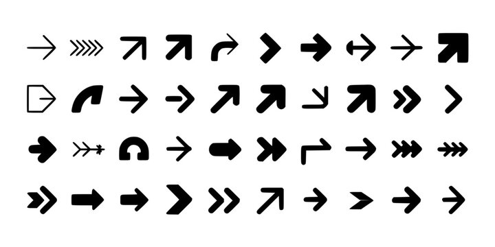 Arrow Symbols Set with Various Directions and Styles, Black on White Background for Signage, Maps, and Interface Graphics