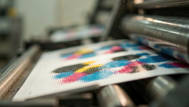 Colorful Poster Emerging from Printing Press Extreme Close Up