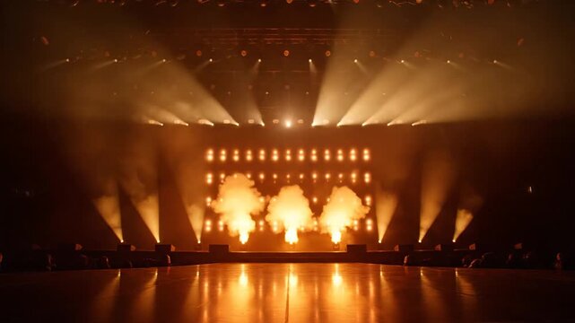 Stage illuminated by golden light projectors for a dramatic event